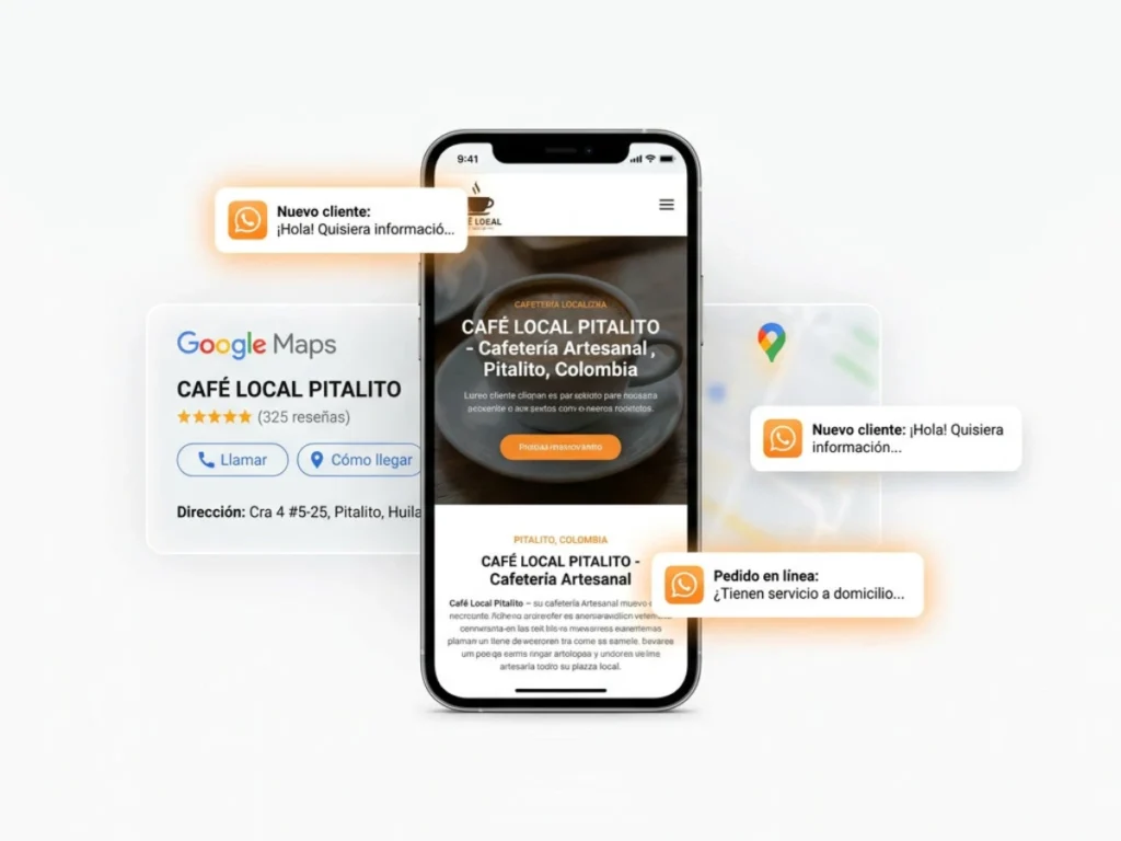 Marketing digital para negocios locales en Pitalito mostrando presencia en Google Maps, página web profesional y contacto por WhatsApp.