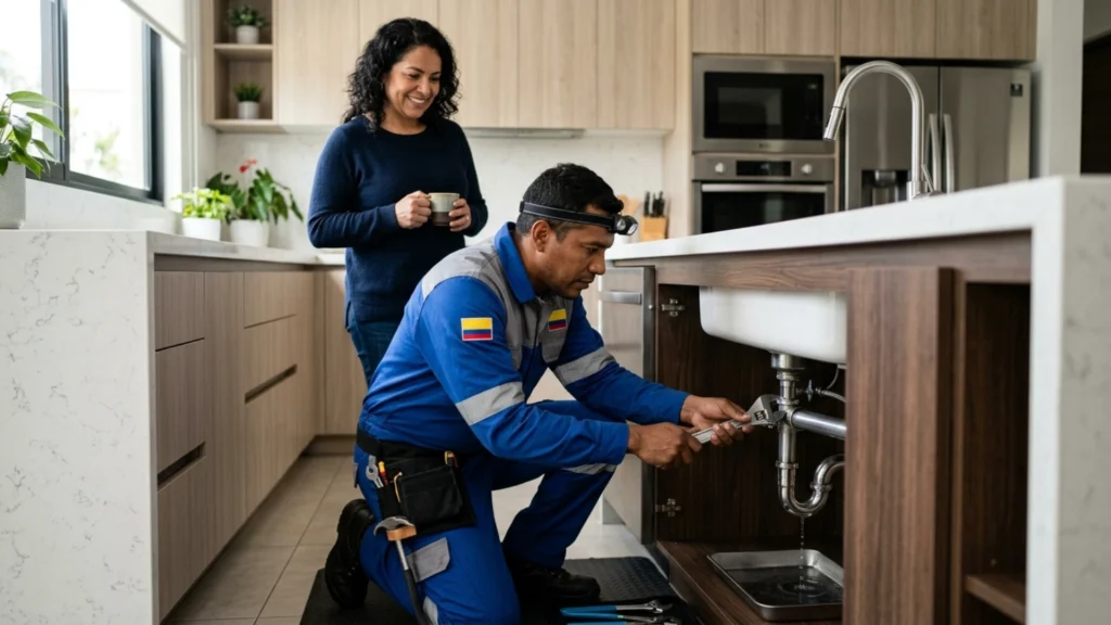 Especialista aliado realizando un servicio profesional de plomería en una vivienda moderna en Colombia.