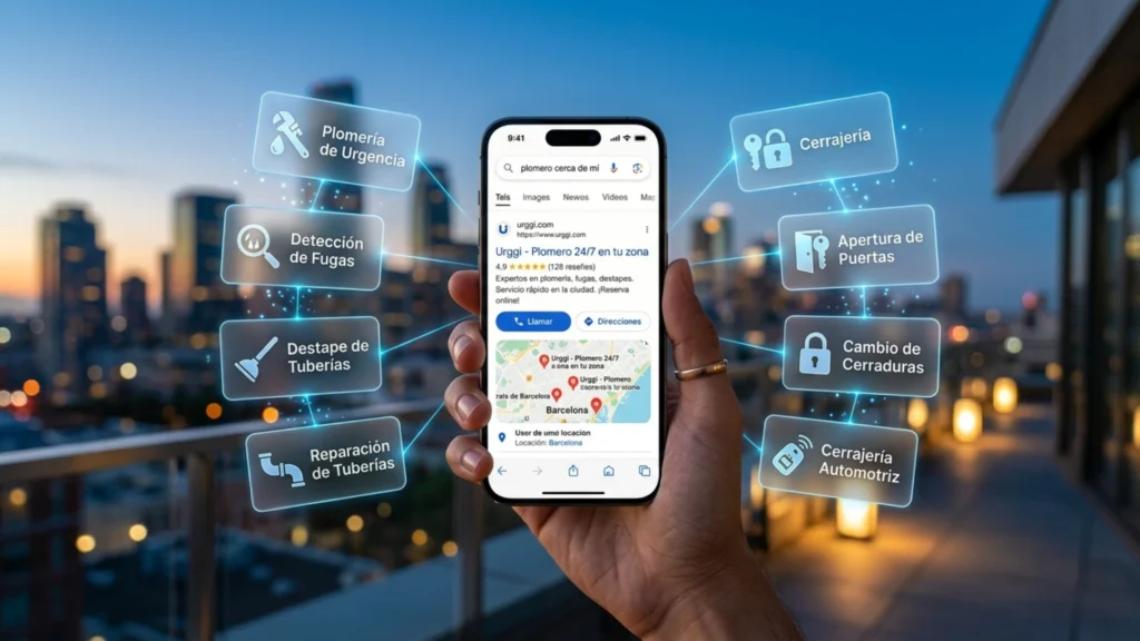 Celular mostrando una búsqueda de Google de servicios locales de plomería y cerrajería con iconos flotantes de plomería de urgencia, detección de fugas, destape de tuberías, reparación de tuberías, apertura de puertas y cambio de cerraduras en la plataforma URGGI.